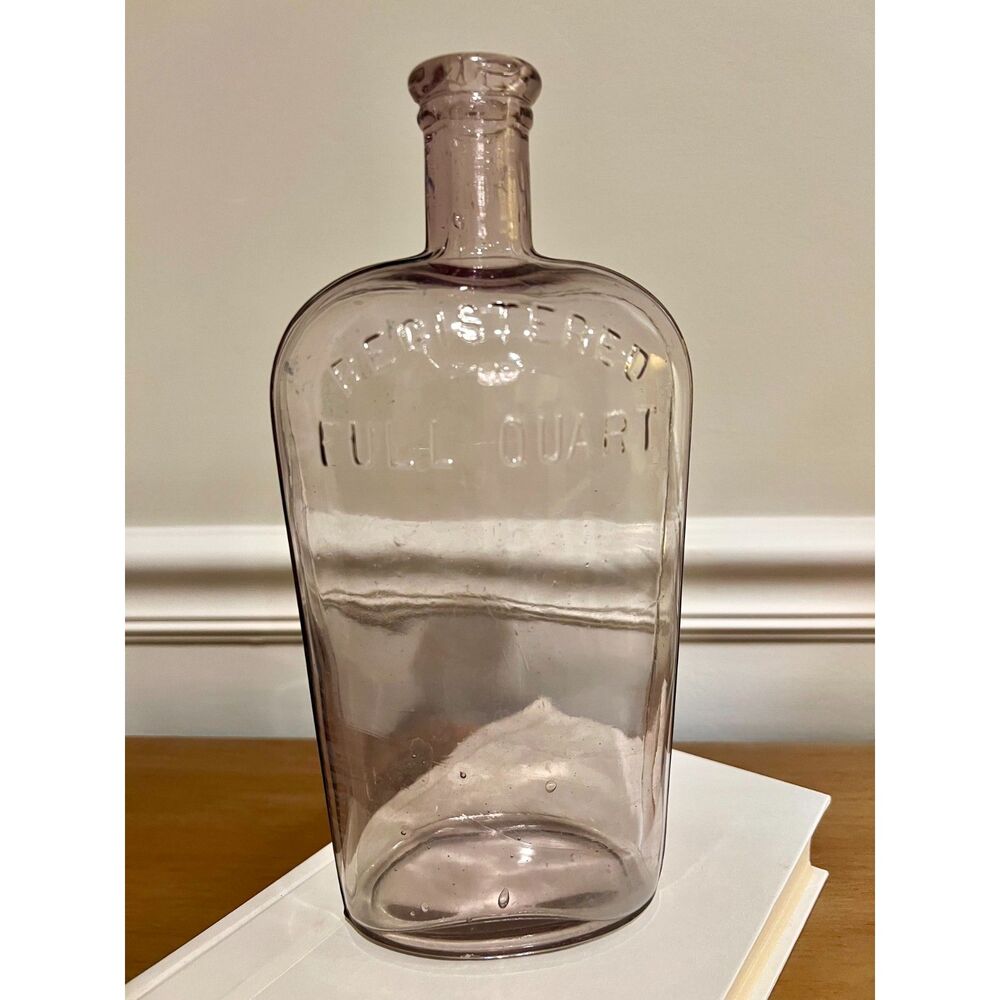 Vintage Antique Amethyst Purple Glass Whiskey Flask Bottle Registered Full Quart